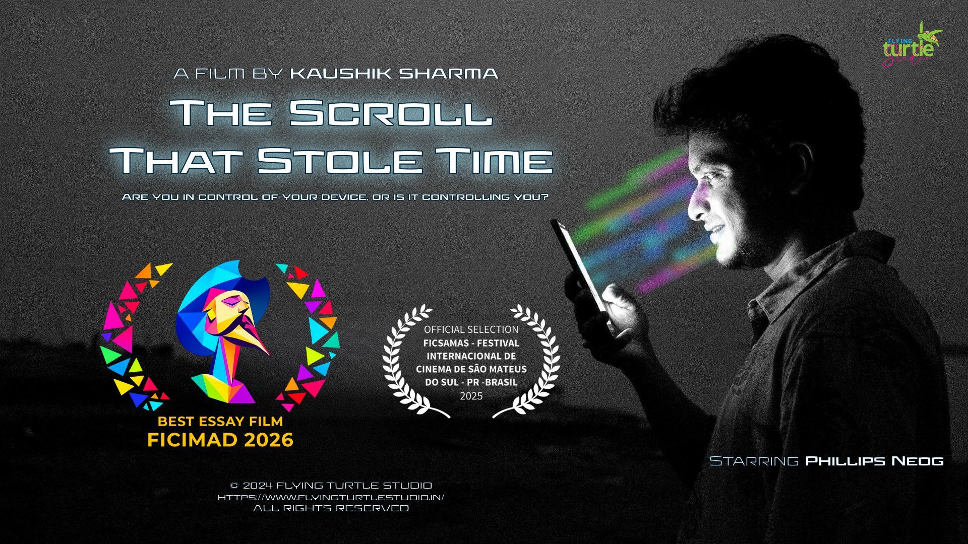 Award poster for The Scroll That Stole Time, a film by Kaushik Sharma. Aarav is lit in profile by his phone screen against a dark sky, beside the FICIMAD 2026 Best Essay Film laurel and the FICSAMAS official selection laurel.